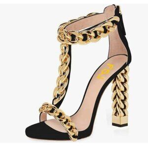 FSJ Black Chain T-Strap Gold Metal Chain Chunky High Heel Open Toe Sandal